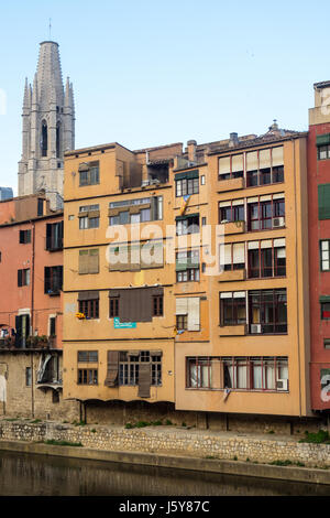 Fällen de l'Onyar, die Häuser am Fluss Onyar mit den Turm der Stiftskirche Sant Feliu im Hintergrund, Girona, Spanien. Stockfoto