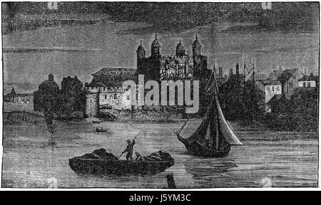 Boote im Fluss mit Tower of London im Hintergrund, London, England, UK, Standard Publishing Company, Illustration, 1888 Stockfoto