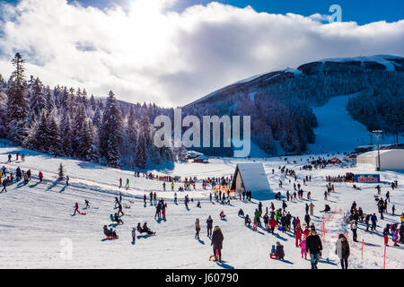 Sarajevo, Bosnien und Herzegowina - 31. Januar 2015 - Menschen genießen einen sonnigen Wintertag in Bjelasnica Berg in Bosnien und Herzegowina. Stockfoto