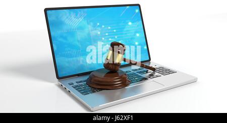 Holz Richter oder Auktion Hammer und einen Laptop isoliert auf weißem Hintergrund. 3D illustration Stockfoto