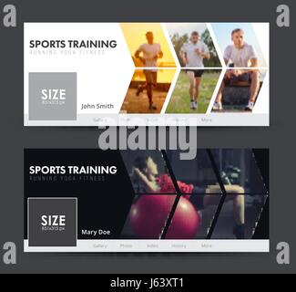 Vorlage der weißen und schwarzen Banner für soziale Netzwerke. Design-Abdeckung für Sport, Joggen, Fitness-Studio mit Bildern in Form eines Pfeils. Verschwommene Foto für Stock Vektor