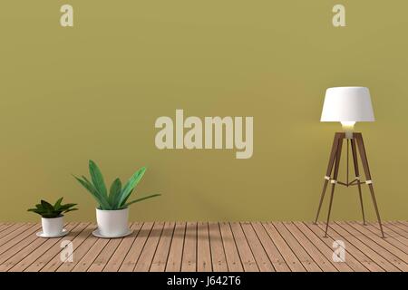 minimalistische Zimmerpflanze in leeren weichen grünen Raum mit Holzboden in 3D-Rendering Stockfoto