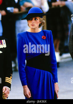 Prinzessin Diana blickt auf wie ihr Ehemann, Prinz Charles einen Kranz am Grab der unbekannten unter Beachtung des Veterans Day auf dem Nationalfriedhof Arlington in Arlington, Virginia am 11. November 1985 legt. Bildnachweis: Arnie Sachs / CNP - kein Draht-SERVICE-Foto: Arnie Sachs/konsolidiert News Fotos/Arnie Sachs - CNP | weltweite Nutzung Stockfoto