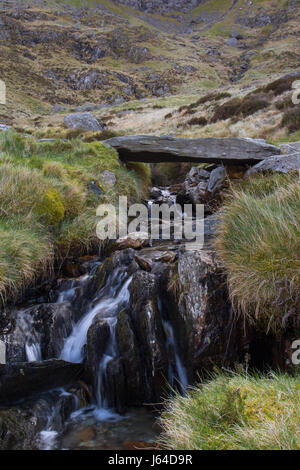 Stein, die Überbrückung der Afon Idwal in Cwm Idwal, Snowdonia-Nationalpark, Wales Stockfoto