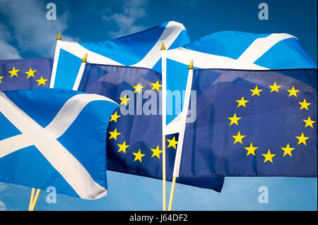 Flagge von Schottland und der Europäischen Union fliegen zusammen in den Geist der Zusammenarbeit, wie Schottland ihr Schicksal im Brexit Verfahren hält Stockfoto