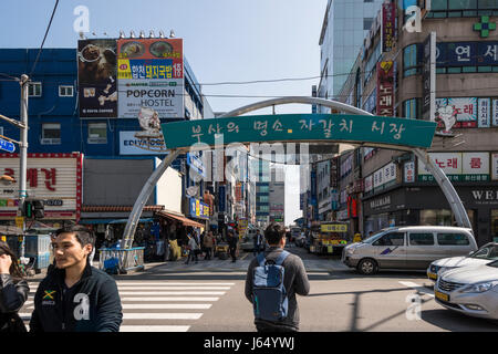 Jagalchi Fischmarkt Zeichen, Busan Gwangyeoksi, Südkorea Stockfoto