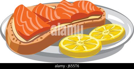 Illustration der Sandwich mit in Scheiben geschnittenen Lachs und Butter auf Platte Stock Vektor