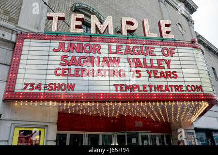 Michigan Saginaw, Temple Theatre, Theater, Erhaltung, 1927, Gebäude, Osgood & Osgood Architects, außen, vorne, Eingang, Festzelt, Lichter, Ansagemut Stockfoto