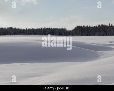 Schnee driftet auf einem zugefrorenen See, Summit Lake, British Columbia Highway 97, Britisch-Kolumbien, Kanada Stockfoto