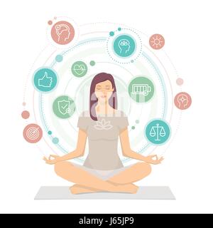 Frau praktizierender Achtsamkeitsmeditation, sie sitzt im Lotussitz und umgeben sie Gesundheit und Wellness-Konzepte Stock Vektor