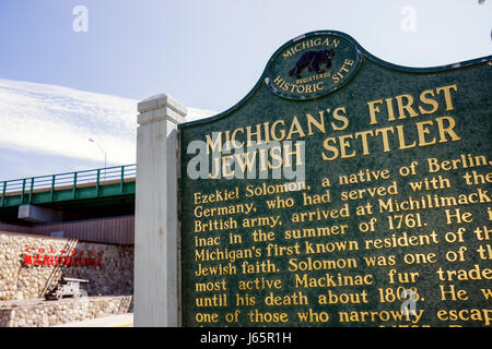 Michigan Mackinaw City, Mackinac Historic State Parks Park, Straße von Mackinac, Lake Huron, erster jüdischer Siedler, Geschichte, historische Markierung, Hesekiel Solomon, Stockfoto