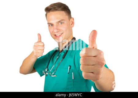 Glücklich männlichen Arzt zeigen, Daumen nach oben Stockfoto