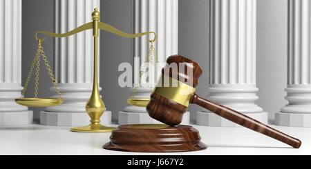 Gesetz-Thema. Maßstab der Gerechtigkeit, Hammer und klassischen Säulen. 3D illustration Stockfoto