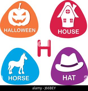 Niedliche Alphabet in Vektor. H-Brief für Halloween, Haus, Pferd und Hut. Stock Vektor