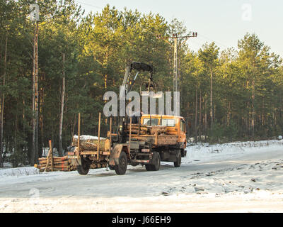 Jozefow, Polen - 23. Januar 2017: Ein LKW mit Anhänger und einem kleinen Kran.  Kiefernwald im Winter auf dem Hintergrund Stockfoto