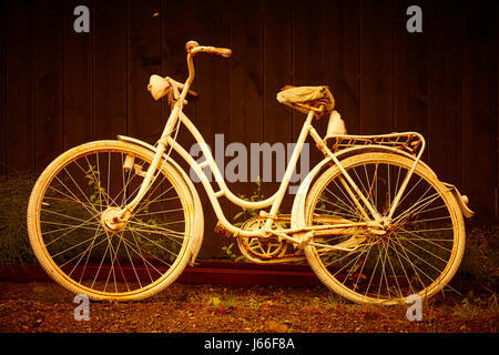 Weißen alten rostigen Fahrrad in warmen goldenen Ton. Vintage-Hintergrund. Horizontale Stockfoto