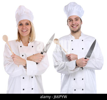 Koch Lehrling Lehrling Auszubildende Köche kochen mit Messer Job jung isoliert auf weißem Hintergrund Stockfoto