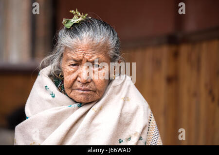 Kathmandu, Nepal - 15. April 2016: Ältere Dame in der traditionellen nepalesischen Kleidung beobachten eine vorübergehende Zeremonie Prozession. Stockfoto