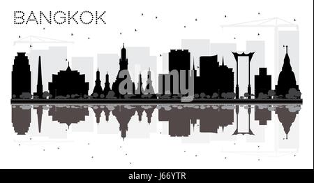 Bangkok City Skyline schwarze und weiße Silhouette mit Reflexionen. Vector Illustration. einfache flache Konzept für Tourismus Präsentation, Banner, Plakat Stock Vektor