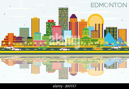 Edmonton Skyline mit Farbe Gebäude, blauer Himmel und Reflexionen. Vector Illustration. Business Travel und Tourismus Konzept mit modernen Gebäuden. Stock Vektor