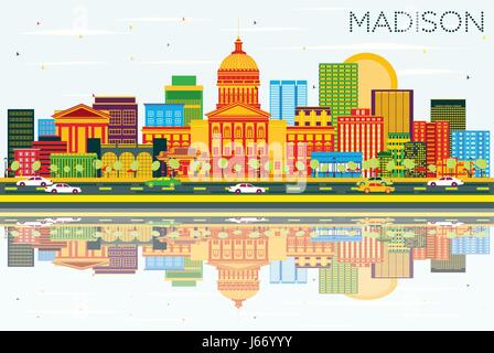 Madison Skyline mit Farbe Gebäude, blauer Himmel und Reflexionen. Vector Illustration. Business Travel und Tourismus Konzept mit modernen Gebäuden. Stock Vektor