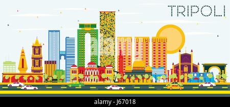 Tripolis Skyline mit Farbe Gebäude und blauer Himmel. Vector Illustration. Business Travel und Tourismus Konzept mit historischen Gebäuden. Stock Vektor