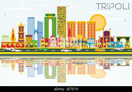 Skyline von Tripolis mit Farbe Gebäude, blauer Himmel und Reflexionen. Vektor-Illustration. Geschäftsreisen und Tourismus-Konzept mit historischen Gebäuden. Stock Vektor