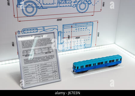 Mytischi, Gebiet Moskau, Russland, 16. Mai 2017: Retro u-Bahn Zug Wagen Modell innerhalb der Metrovagonmash-Museum. Stockfoto