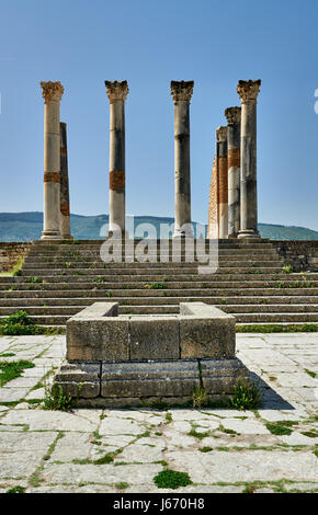 Die kapitolinischen Tempel in römische Ausgrabung von Volubilis, Marokko, Afrika Stockfoto