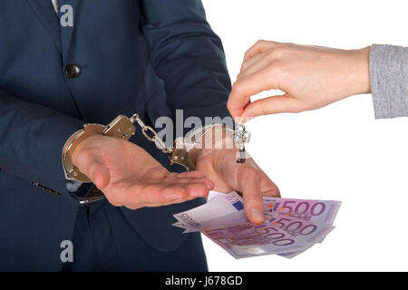 Nahaufnahme Foto eines mit Handschellen gefesselt, Geschäftsmann, Hände, die Euro-banknoten Stockfoto