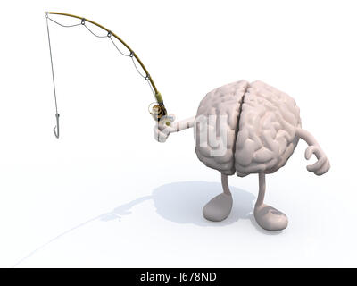 menschlichen Gehirns mit Armen und Beinen und Angelrute auf Hand, 3d illustration Stockfoto