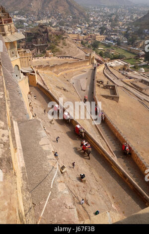 Elefanten, die Touristen bei Amber Fort in Jaipur, Rajasthan, Indien, 16. Februar 2016 warten verziert. Stockfoto