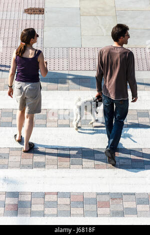 Zwei Erwachsene und ein Hund auf einen Fußgängerüberweg, von oben gesehen Stockfoto