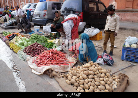 JAIPUR, Indien - Februar 16: Indische Frauen in bunten Saris, Verkauf von Obst und Gemüse von der Seite der Straße in Jaipur, Rajasthan, Indien o Stockfoto