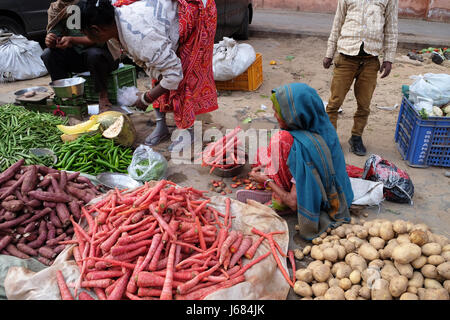 JAIPUR, Indien - Februar 16: Indische Frauen in bunten Saris, Verkauf von Obst und Gemüse von der Seite der Straße in Jaipur, Rajasthan, Indien o Stockfoto