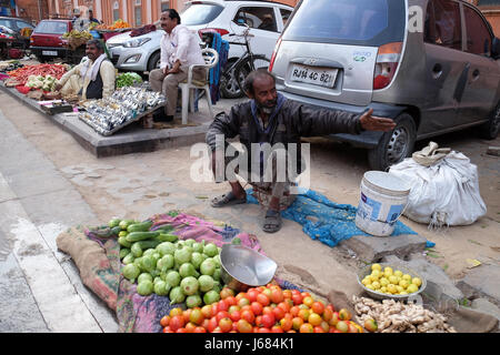 JAIPUR, Indien - Februar 16: Indischer Mann verkaufen Obst und Gemüse von der Seite der Straße in Jaipur, Rajasthan, Indien am 16. Februar 2016. Stockfoto