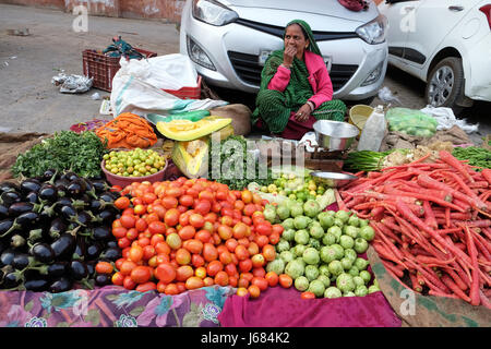 JAIPUR, Indien - Februar 16: Indische Frauen in bunten Saris, Verkauf von Obst und Gemüse von der Seite der Straße in Jaipur, Rajasthan, Indien o Stockfoto