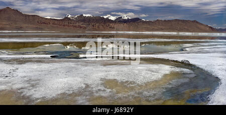Ufer des Tso Kar-See mit Steinsalz Peelings und blauen Bogen der Biegung des Flusses im Hintergrund ein Panorama der hohen braunen Berge, Tibet, noch Stockfoto