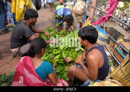 Menschen Sie kaufen und verkaufen Blumen und Girlanden auf dem Blumenmarkt in Kalkutta am 10. Februar 2016. Stockfoto