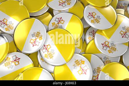 Vatikan Abzeichen Hintergrund - Haufen von Vatikan Flagge Buttons. 3D Rendering Stockfoto