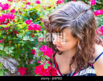 Nahaufnahme der jungen Frau riechen rote oder rosafarbene Rosen aus Busch im Garten draußen im Sommer Stockfoto