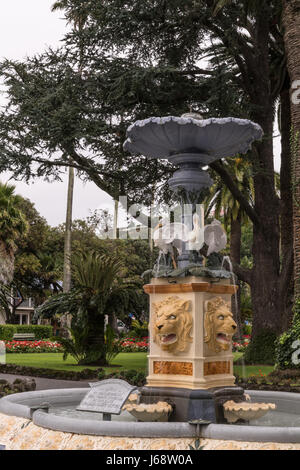 Napier, Neuseeland - 9. März 2017: William Robert Blythe Memorial Fountain in Clive Park. Grau mit weißen Vögel auf gelben Sockel mit Löwenköpfen. Stockfoto