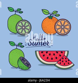 bunte Poster von Hallo Sommer mit Zitrusfrüchten und Wassermelone Stock Vektor