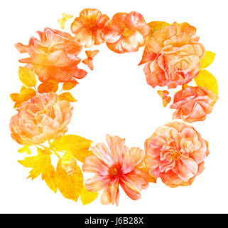 Blumenkranz mit handgezeichneten Aquarell Blumen, Rosen, Pfingstrosen, Kamelien, Schmetterlinge und Blätter. Vintage-Stil botanische Kunst, isoliert auf weiß ba Stockfoto