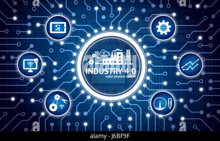 Industrie 4.0 Internet der Dinge-Konzept. Automatisierung der Stromkreis Grafik und Infografik der Augmented-Reality-Bildschirm-Software, drahtlose Roboterarm Stockfoto