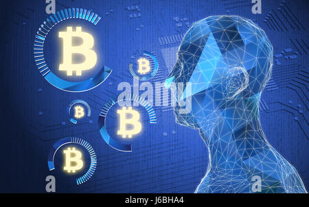 FinTech Finanztechnologie Konzept Bild. Digitalen Währungen, Kryptowährung, digitales Geld und Bitcoin-Konzept. Wireframe des menschlichen, circuit Wildschwein Stockfoto