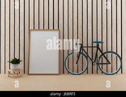 Mock-up mit Fahrrad in das Holz Zimmer in 3D rednering Stockfoto
