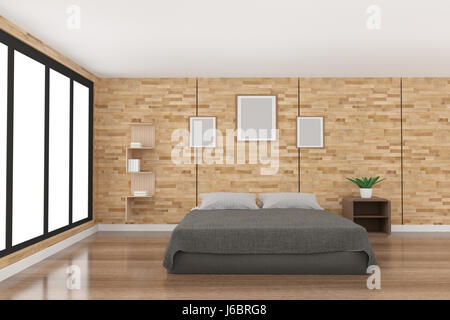 Moderne Schlafzimmer Dekoration im Parkett Holzdesign mit Licht von schwarzes Fenster in 3D-Rendering Stockfoto