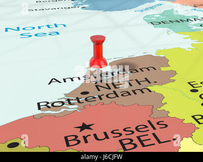 PIN auf Amsterdam Kartenhintergrund. 3D Illustration. Stockfoto