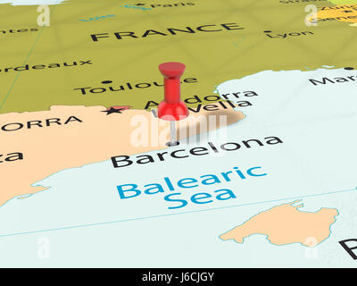 PIN auf Barcelona als Kartenhintergrund. 3D Illustration. Stockfoto